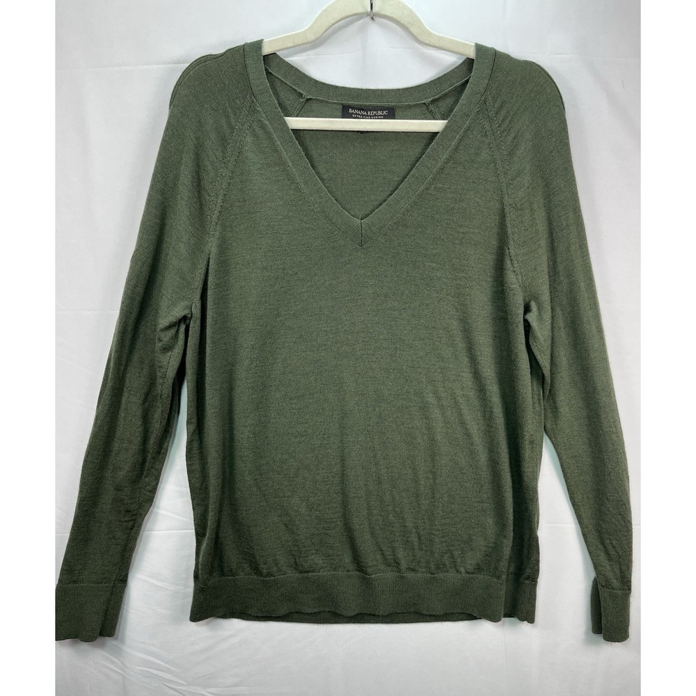 Banana Republic Extra Fine Merino Wool Olive Green V-Neck Sweater Womens XL